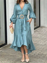 Fashion Ruffle Women's Shirt Casual V Neck Lantern Sleeve With Pocket Long Skirt 2024 Spring Lady Streetwear Midi Dress InsStreet